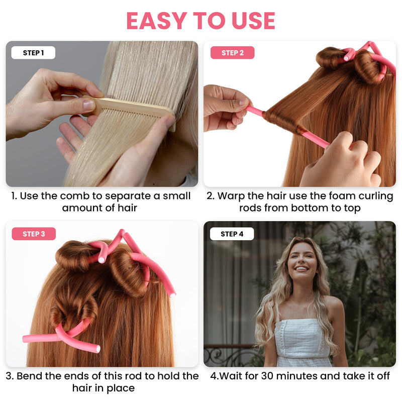 30PCS 9.45" X 0.31" Flexible Hair Rollers Curling Rods Heatless Curlers Foam Rods for Women Girls Short Medium and Long Hair To Sleep In (Pink, Small)