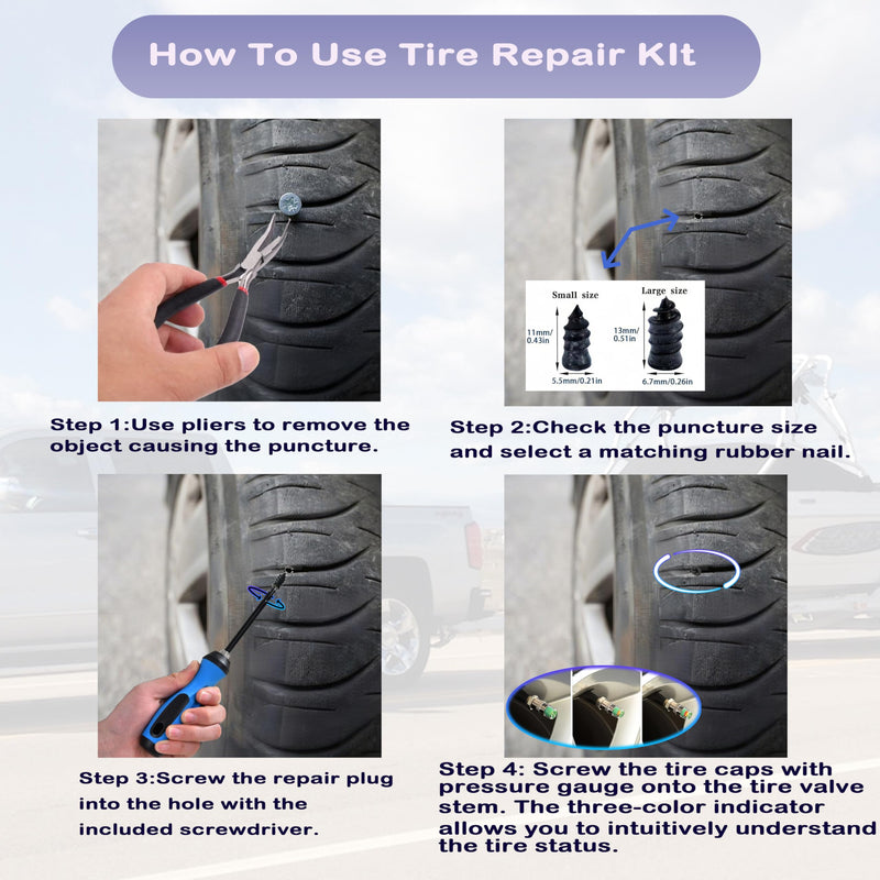 Tire Plug Kit 64 Pcs Tire Repair Rubber Nails Kit with 2 Sizes,Tire Caps with Pressure Gauge,Flat Tire Repair Kit for Car,Motorcycle,Truck,ATV,Tire Puncture Repair