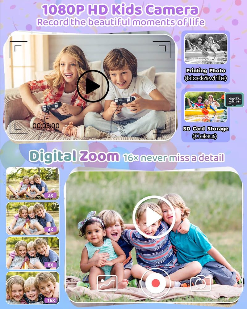 Instant Print Camera for Kids with 3 Rolls of Printer Paper, 1080P Toddler Digital Camera Toys for Age 3-12 with 32GB SD Card, Christmas & Birthday Gifts for 3 4 5 6 7 8 Year Old Girls & Boys (Purple) Purple