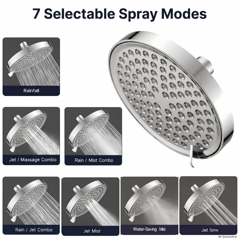 6" High Pressure Shower Head, 7-Setting Fixed Showerhead with Premium Adjustable Angle, Rainfall for Low Water Pressure Homes & Apartments, Self-Cleaning, Tool-Free Install, Chrome