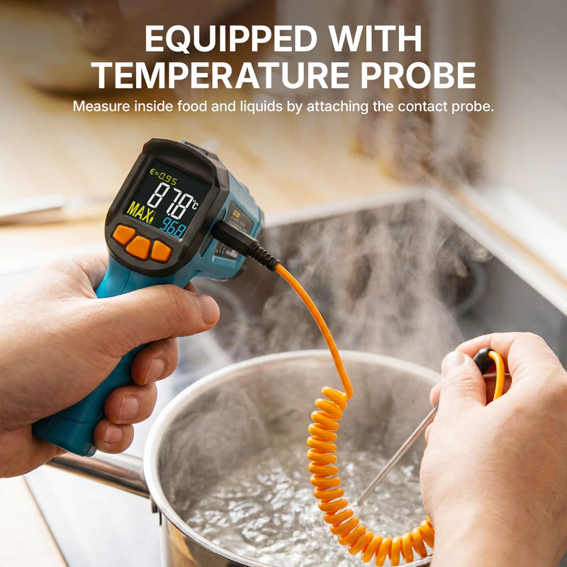 Tilswall Infrared Thermometer, -58°F to 1472°F(-50~800°C), Non-Contact Digital Laser Thermometer with Probe, Adjustable Emissivity, High/Low Temp Alarm, for Cooking/BBQ/Freezer(NOT for Human)-W300 -50°C~800°C(with K-type probe)