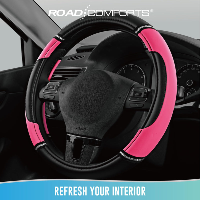 Road Comforts Leather Steering Wheel Cover - Made with PVC Leather - Anti-Slip, Universal Fit 14 1/2 inches to 15 inches - Hot Pink
