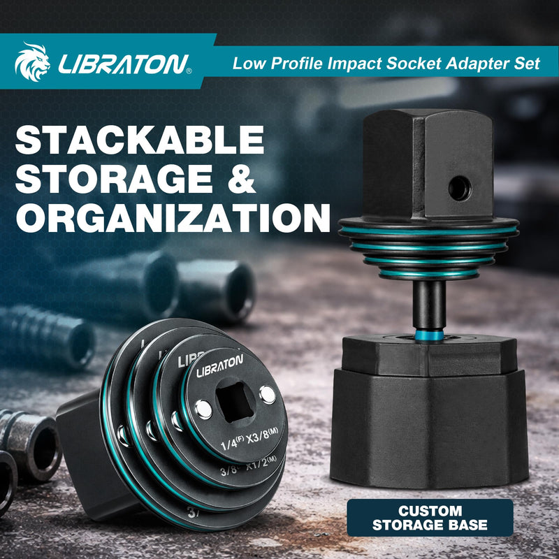 LIBRATON Low Profile Impact Socket Adapter Set, 5pc Magnetic Drive Converter Kit for Tight Space (1/4" to 3/8", 3/8" to 1/2", 1/2" to 3/4", 3/4" to 1", & 1/4" Hex Adapter) for Impact Wrench and Drill 5PCS