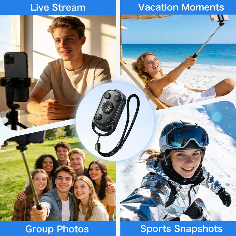 duskeep Bluetooth Camera Remote Shutter with Zoom for iPhone Android, Vlogs | Selfies and travel, photo/video remote control, front/rear switch, USB-C charging, lightweight design, adjustable wrist strap Black