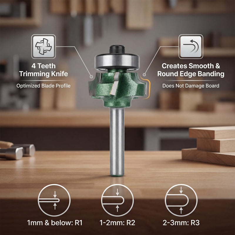 FTVOGUE Trimmer Router Bit R1/R2/R3 Woodworking Milling Cutter 4 Teeth Trimming Cutter for Woodworking Engraving Machine(1/4 * R2) 1/4 * R2