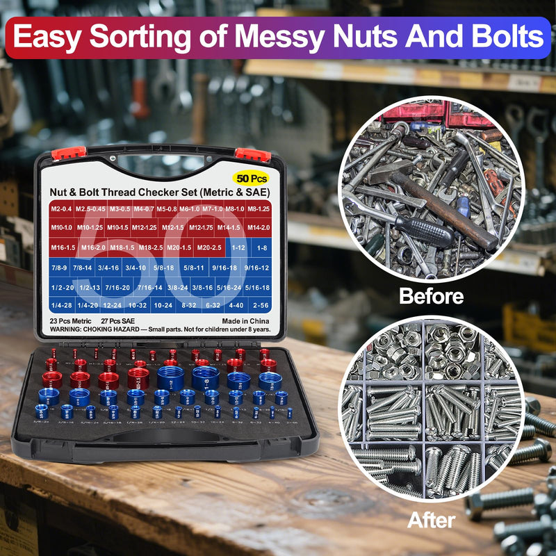 50PCS Thread Checker, Bolt Size Finder Nut and Bolt Thread Checker, 23 Metric & 27 SAE Box Set Thread Gauge Size Checker