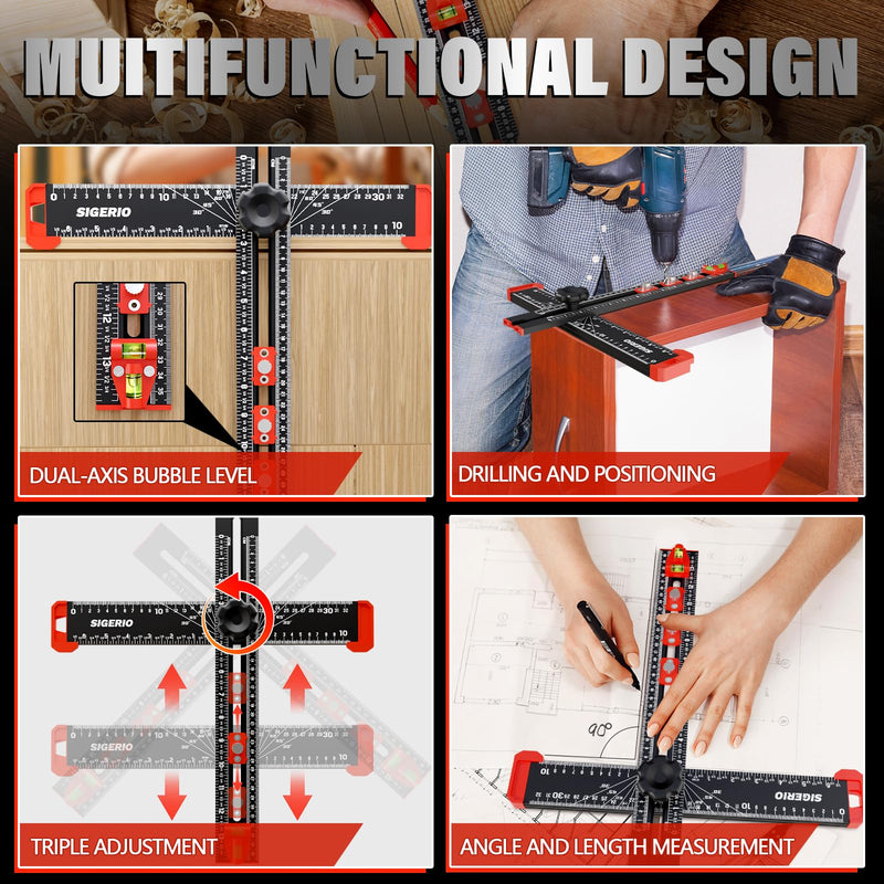 4 in 1 Drilling Positioning Ruler, Aluminum Alloy T Square Ruler 14in, Multifunctional T Ruler, Cabinet Handle Template Tool for Installating Handles, Cabinet Hardware Jig for Woodworking