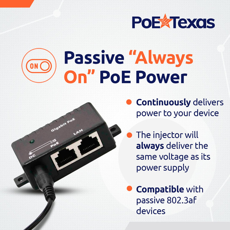 Poe Texas PoE Injector - Single Port Power Over Ethernet Passive PoE Adapter - 10/100/1000 Gigabit Data - Includes 48V 15W Power Supply - Wall Mounting Plug & Play for Home Office, VoIP Phone, WiFi AP