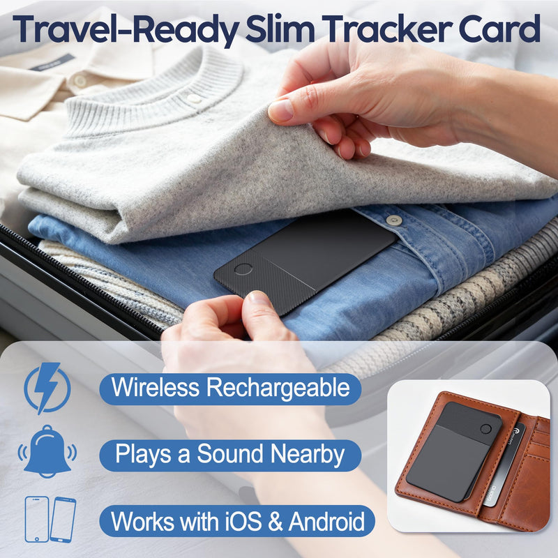 Ultra-Slim Wallet Tracker Card, Works with Apple Find My & Android Find Hub, Rechargeable Smart Tracking Card for Wallet, Luggage, Passport, Keys, Travel & Everyday Use deep black