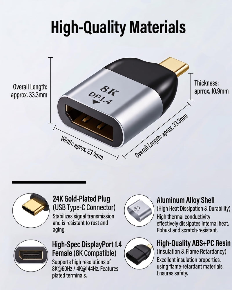 USB C to DisplayPort Adapter Type C Male to DP Female, Silver Black
