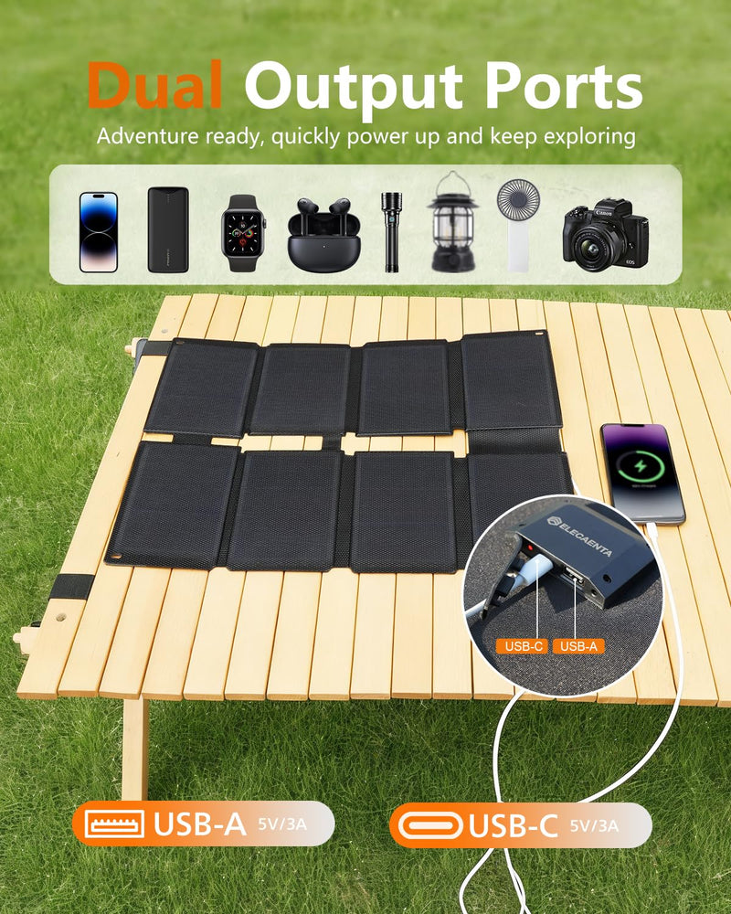 ELECAENTA 25W HPBC Solar Panel, 25.4% Conversion, Only 0.9 lbs, Pocket Size | Ultra Light, IP68, USB C & USB A Fast Charging, Portable Solar Charger for Cellphones, Camping, Hiking, Backpacking