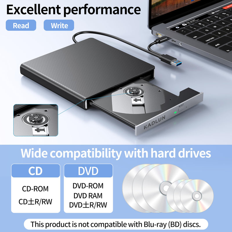 External CD DVD Drive for Laptop USB 3.0 USB C CD Burner External DVD Drive Portable CD ROM Burner Reader Writer Drive External DVD Player for Laptop Desktop PC Windows 11/10/8/7 MacBook Mac OS Linux black-2 in 1