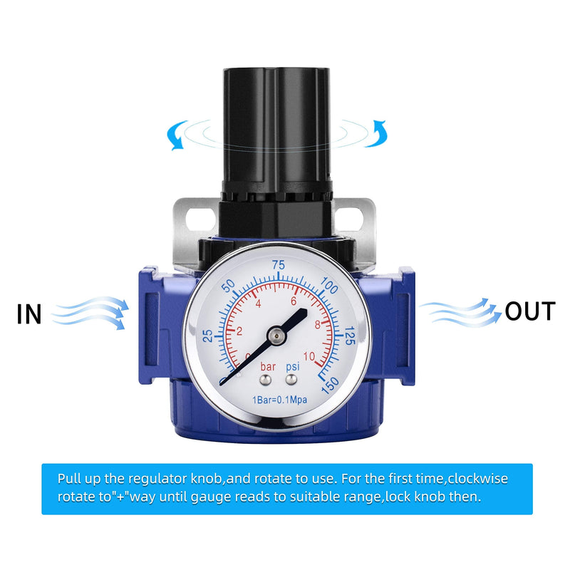NANPU 1/2" NPT Compressed Air Regulator, Zinc Alloy Body, 150 psi Copper Core Steel-Protected Dial Gauge ＆ Metal Bracket, for Air Compressor ＆ Pneumatic Tools