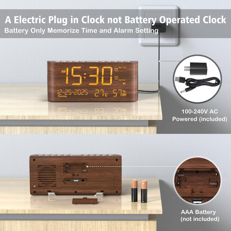 Mesqool Digital Alarm Clock with Dual Alarms, Temperature & Humidity Display, USB & Type-C Charging, 5-Level Brightness for Bedroom & Office