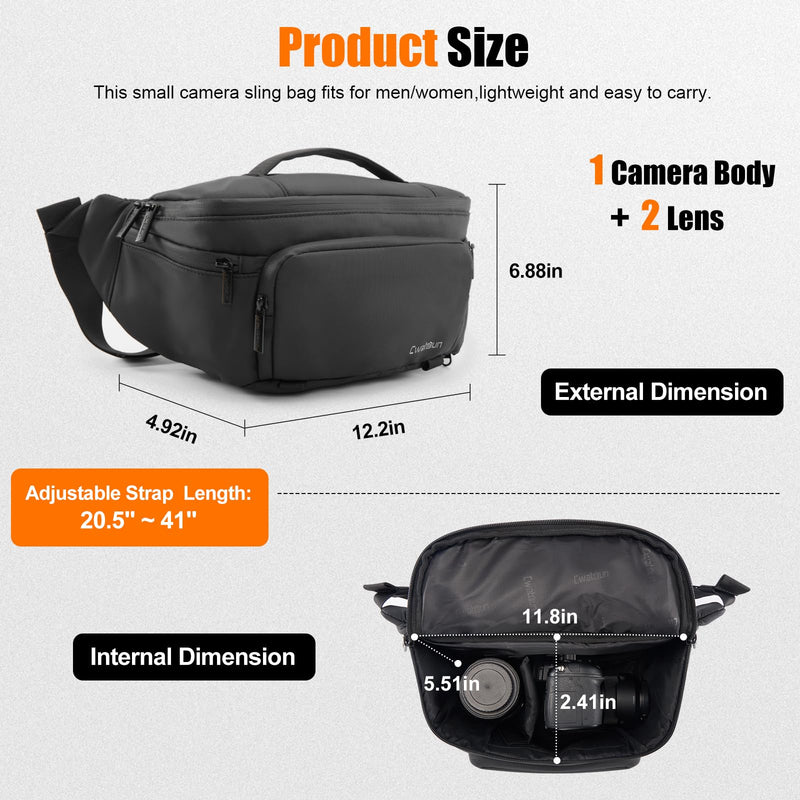 Cwatcun Large 3-in-1 Camera Waist Bag, Crossbody Fanny Pack for DSLR | 3-in-1: waist/crossbody/shoulder. Fits1 body+2lenses+tripod+flash. Waterproof, padded, detachable tripod strap. Black