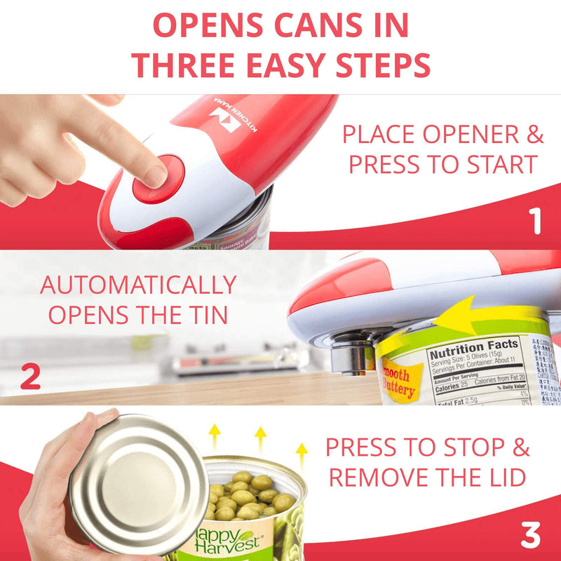 Kitchen Mama Auto Electric Can Opener: Open Your Cans with A Simple Press of Button - Automatic, Hands Free, Smooth Edge, Battery Operated, YES YOU CAN (Red) Red