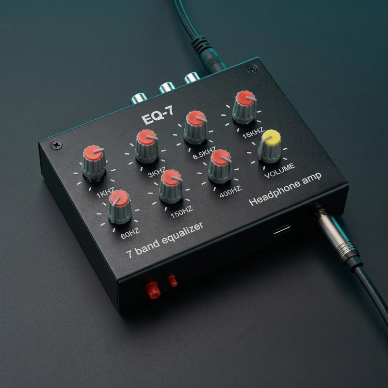 EQ-7 Mini 7 Band Equalizer and Headphone Amp, RCA 3.5mm Input | TL074 and NE5532 chips, level knobs, 16 to 600 ohm drive, for home audio, speaker, and gaming setups.