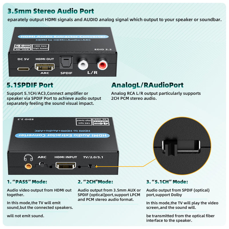HDMI Audio Extractor Converter, 4K@60Hz Audio Adapter with Optical SPDIF + 3.5mm Stereo + Analog RCA L/R Audio Adapter, HDMI ARC Converter Supports 5.1 HDCP 2.2 HDR 18Gbps, for PS5 Xbox HDTV