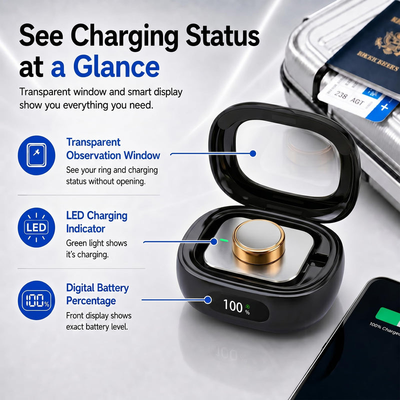 Wireless Charging Case for Oura Ring Gen 5/4/3 (Black) | Portable 2000mAh Travel Charger with LED Battery Display & Clear Window, Up to 15 Full Charges, Fits All Ring Sizes Black
