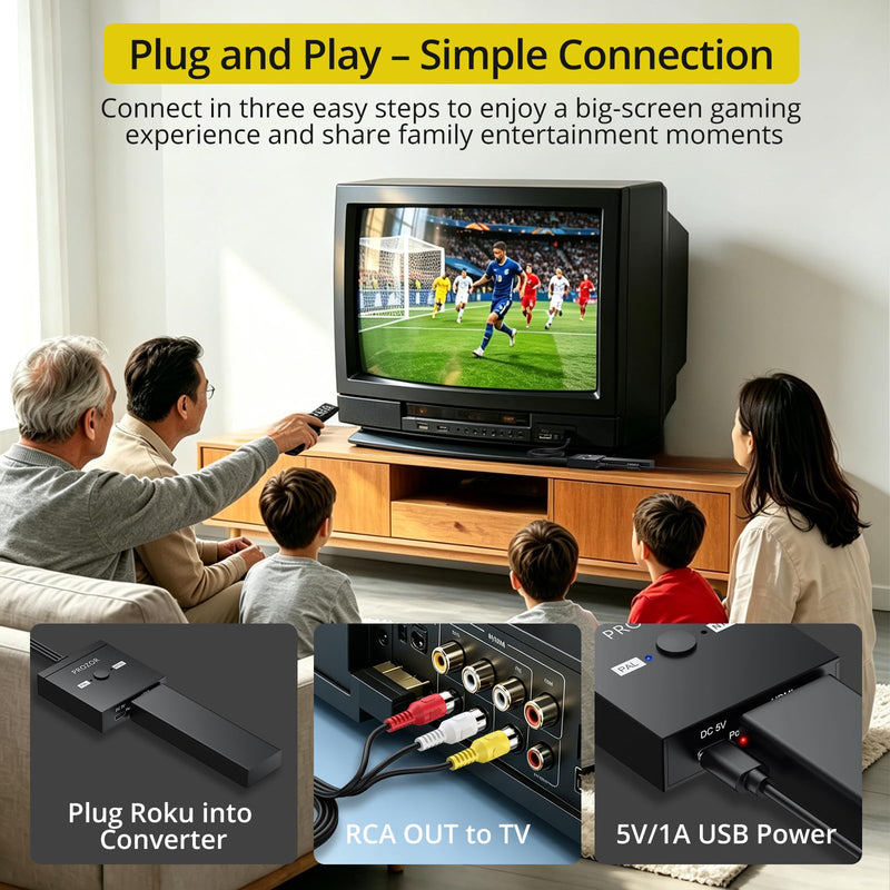 PROZOR HDMI to RCA Converter, 1080P HDMI to AV Composite Adapter Supports PAL/NTSC HDMI to AV Adapter for TV Stick Fire Stick Roku Apple TV Chromecast Plug and Play
