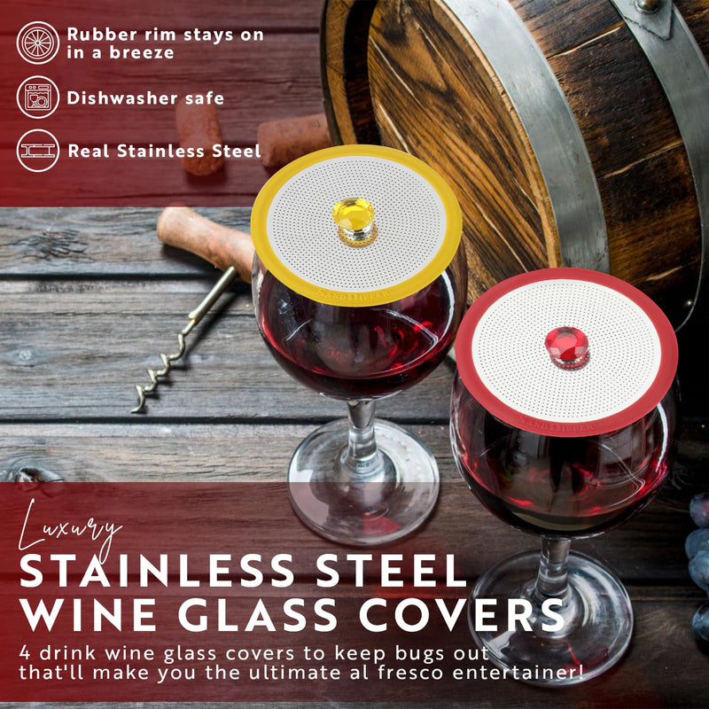 Luxury Stainless Steel Wine Glass Covers - Set of 4 Bug-Free Outdoor Drink Cup Covers for Vino, Coffee, Tea, Beer. Keep Drinks Free from Flies, Bees, and Insects!