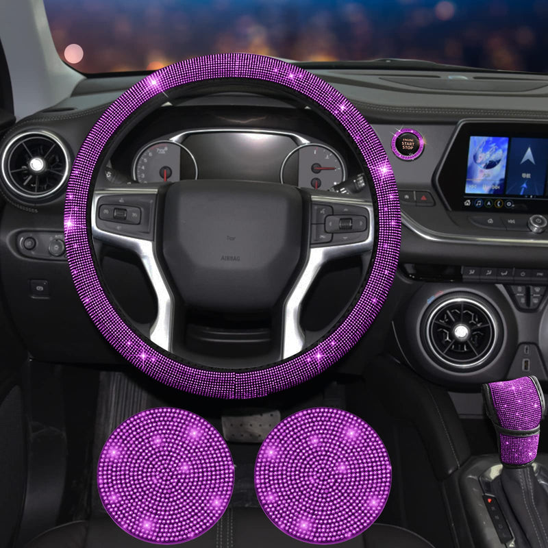11 Pcs Bling Car Accessories Set,Bling Car Accessories Set for Women,Steering Wheel Cover for Women Universal Fit 15 Inch,Rhinestone Center Console Cover(Purple) Purple
