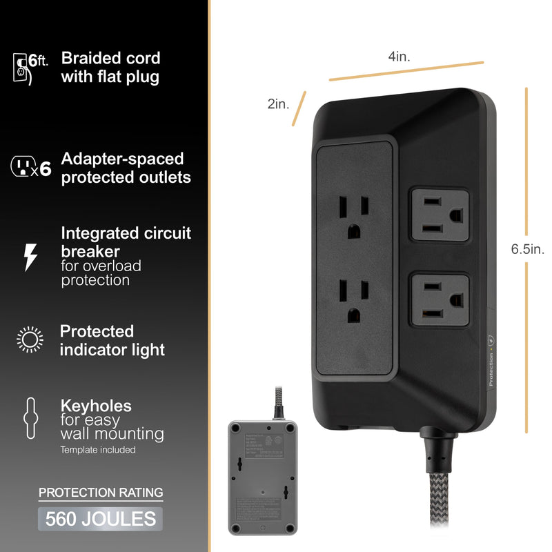 GE 6-Outlet Surge Protector, 6 Ft Braided Extension Cord Power Strip, Flat Plug, Adapter Spaced, for Home, School, and Office, 560J, Black - 70614 6 Outlet | 6 Ft