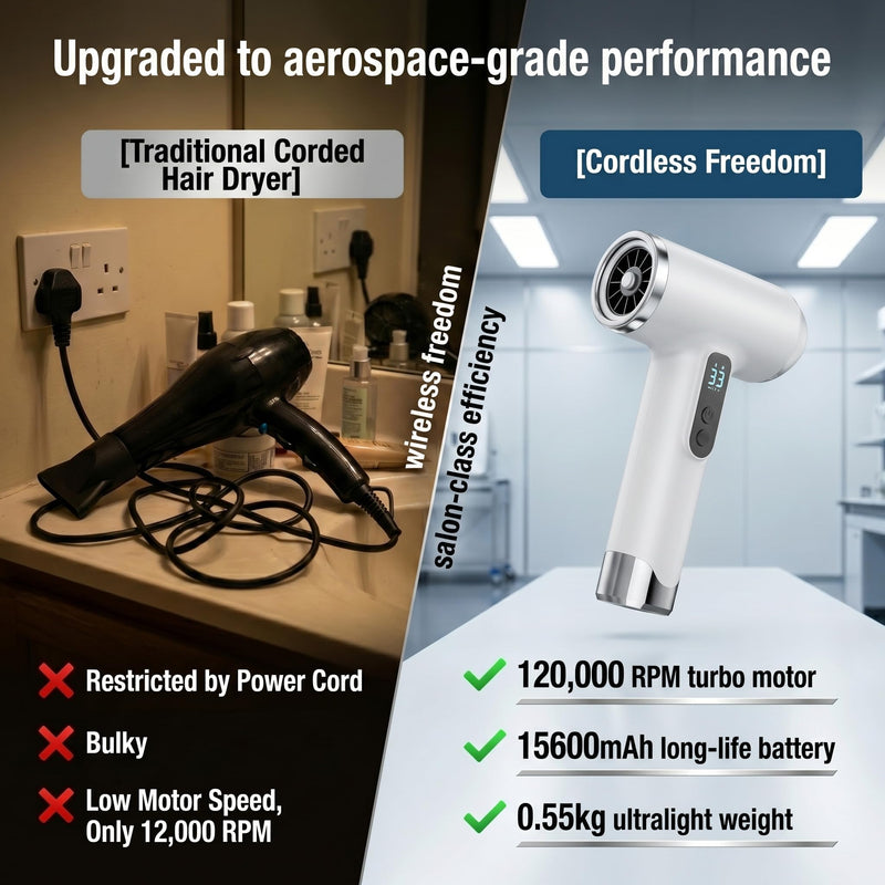 Cordless Hair Dryer 15600mAh Rechargeable Battery,Portable Wireless Blowdryer 3 Temperature Modes Heat Cold Settings. Lightweight 500g Ionic Travel RV Camping and USB High Speed Styling.
