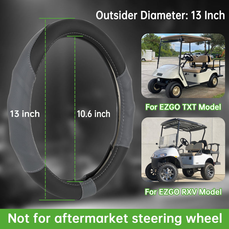 10L0L 13 Inch Golf Cart Steering Wheel Cover for EZGO TXT & RXV, Anti Slip PU Leather & Comfortable Grip Feeling-Black Grey Black & Grey