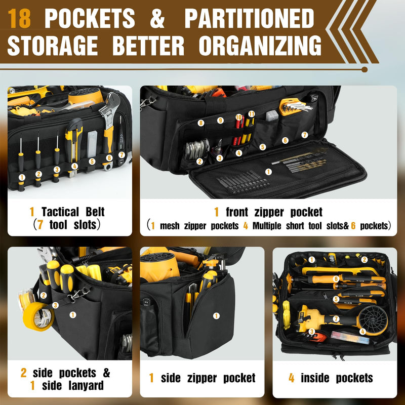 Tool Bag 17Inch | 18-Pocket Portable Tool Box Organizer Storage,Lightweight Tool Box,Tactical Bag,Carrying Toolbag,Multi-functional Bag for Electrician,Repairman,Carpenters,Mechanics,Handyman(Black) Black
