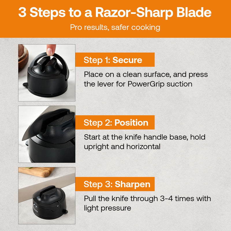 AnySharp – EVO – Hands Free Knife Sharpener - Easy to Use Sharpening Tool with Improved PowerGrip Suction Base and 20-Deg Pre-set Angle - For All Knives: Chef’s, Serrated, and Hardened Steel - Black One Size