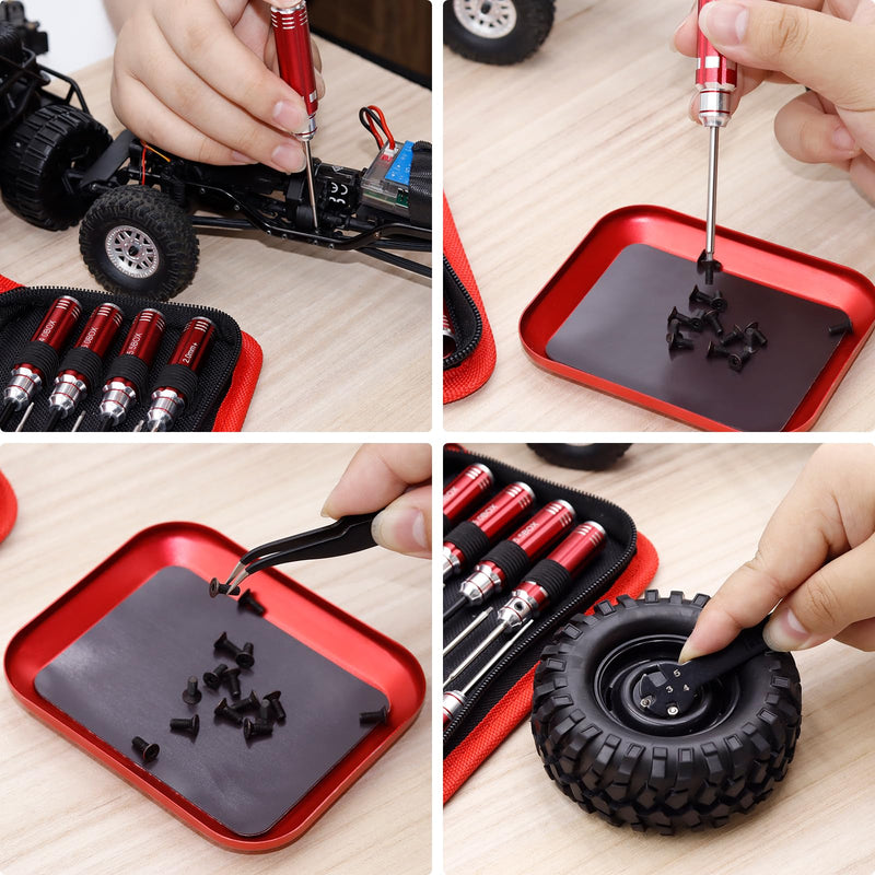 12Pcs Short Handle RC Tool Kit w/Quick Change Hex/Phillips/Flat Nut Drivers & Pliers for 1/18 1/24 Micro Crawler - SCX24, TRX4M, Axial, Traxxas, Losi Mini-T 2.0, FMS (Red) Red