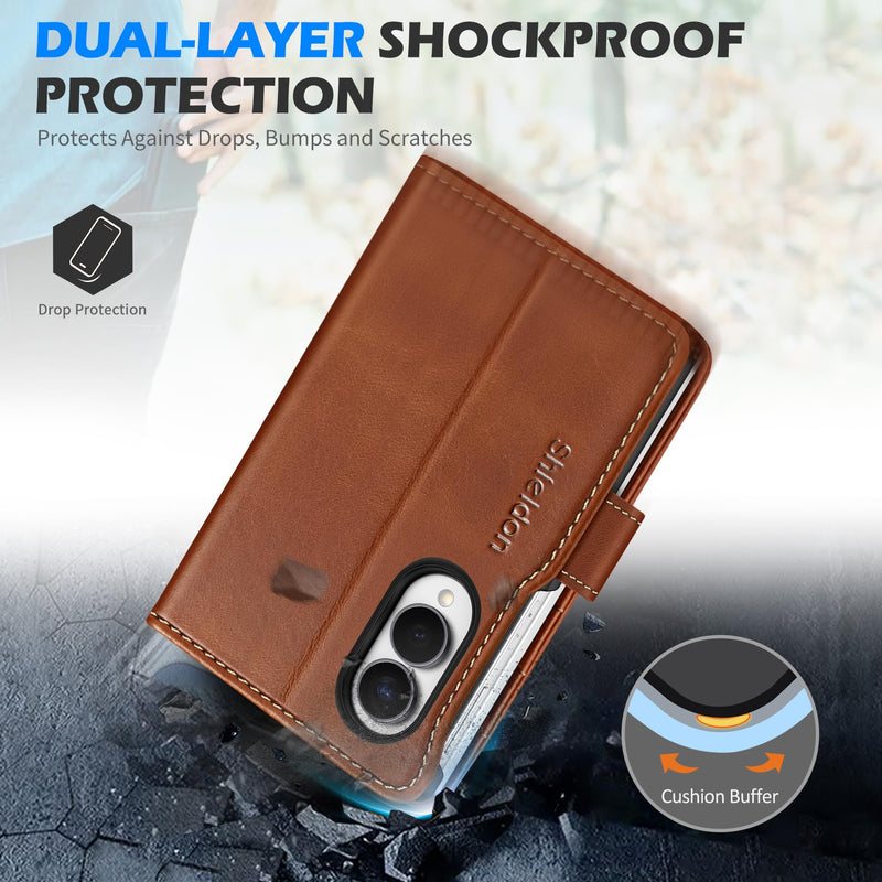 SHIELDON Genuine Leather Wallet Case for Galaxy Z Fold 8 7.6", Retro Brown | Magnetic Closure, RFID Blocking, Credit Card Holder, Kickstand, Folio Design, Shockproof Protective Cover for Men Women