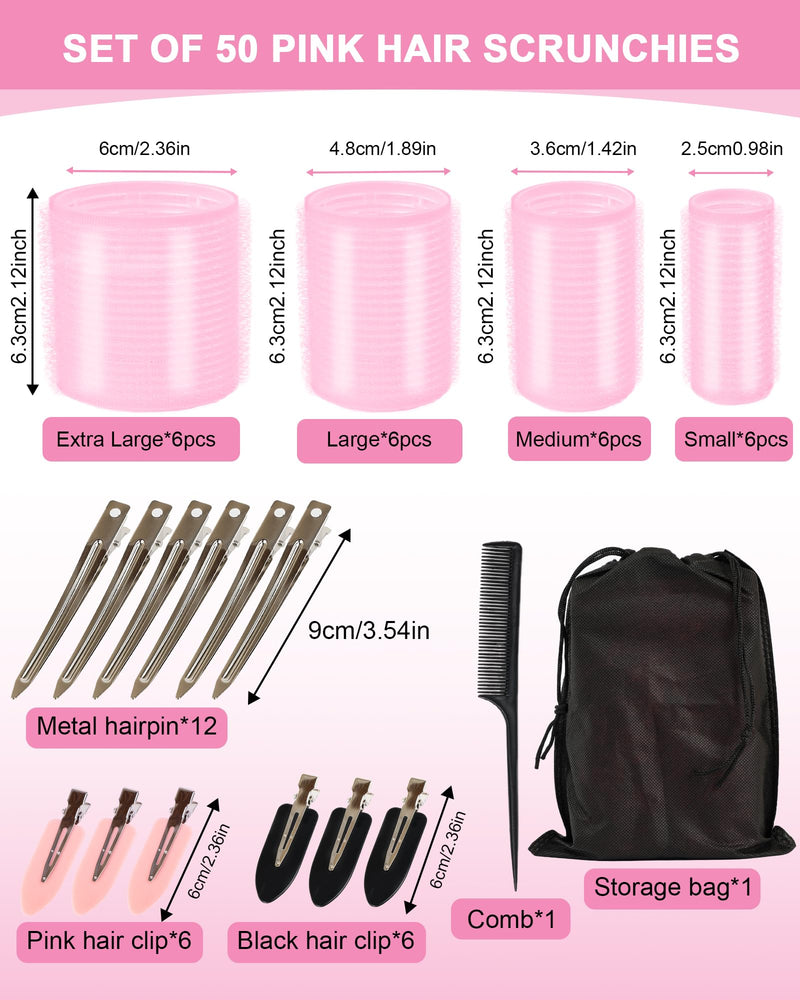 Hair Rollers with Clips 50PCS, Rollers for Hair Volume 4 Sizes | Includes 24 Clips And 4 Roller Sizes (60/48/36/25mm) For Long, Medium And Short Hair, Ideal For DIY Hair Styling Pink