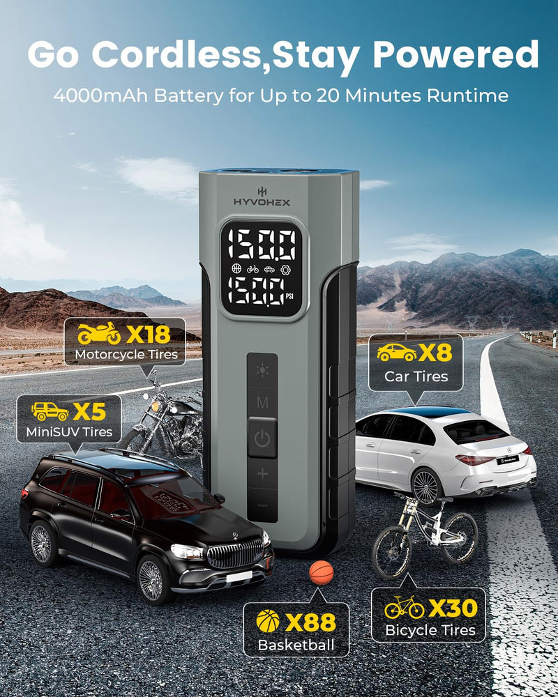 Tire Inflator Portable Air Compressor, 1 Min Fast Inflation Cordless Bike Pump with Digital Pressure Gauge LED Light, 150 PSI Electric Air Pump for Car Tires, Bicycle, Motorcycle, Ball
