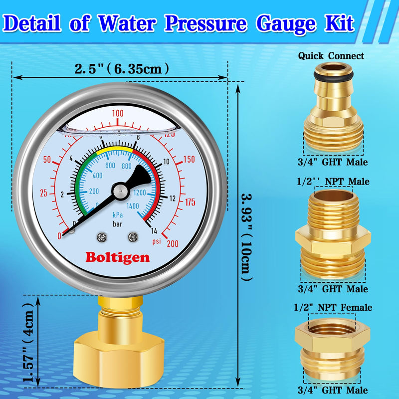 Water Pressure Gauge, 0-200 Psi Pressure Gauge Filled with Oil, 3/4" GHT Female Thread Water Pressure Test Gauge with 3 Adapters,for Home, Industrial, Garden Multiple Locations Pressure Test Style 1