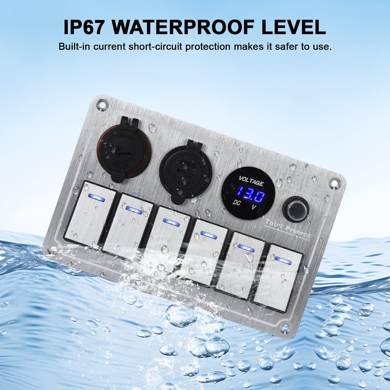Marine Boat Rocker Switch Panel,Waterproof 6 Gang Toggle Switch Panel with Dual USB and Voltmeter Panel for RVs, Cars, Boats, Trucks,Trailers - 12-24V (Silver, 6 Gang) Silver