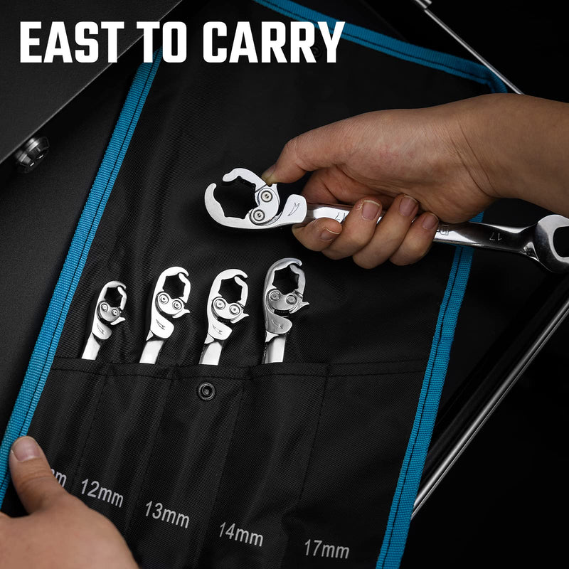 DURATECH Ratcheting Flare Nut Wrench Set, Open End Wrench Set, Metric, 5-Piece, 10, 12, 13, 14, 17mm, CR-V Steel, Organizer Pouch Included
