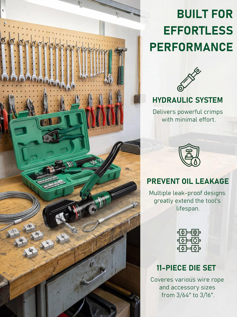 10-Ton Hydraulic Wire Rope Crimping Tool,Hydraulic Swaging Tool, 11 Dies for 3/64"-3/16" Double Barrel Sleeves & Stainless Steel Cable Railing Terminals, Professional Rigging Swager 3/64"-3/16"