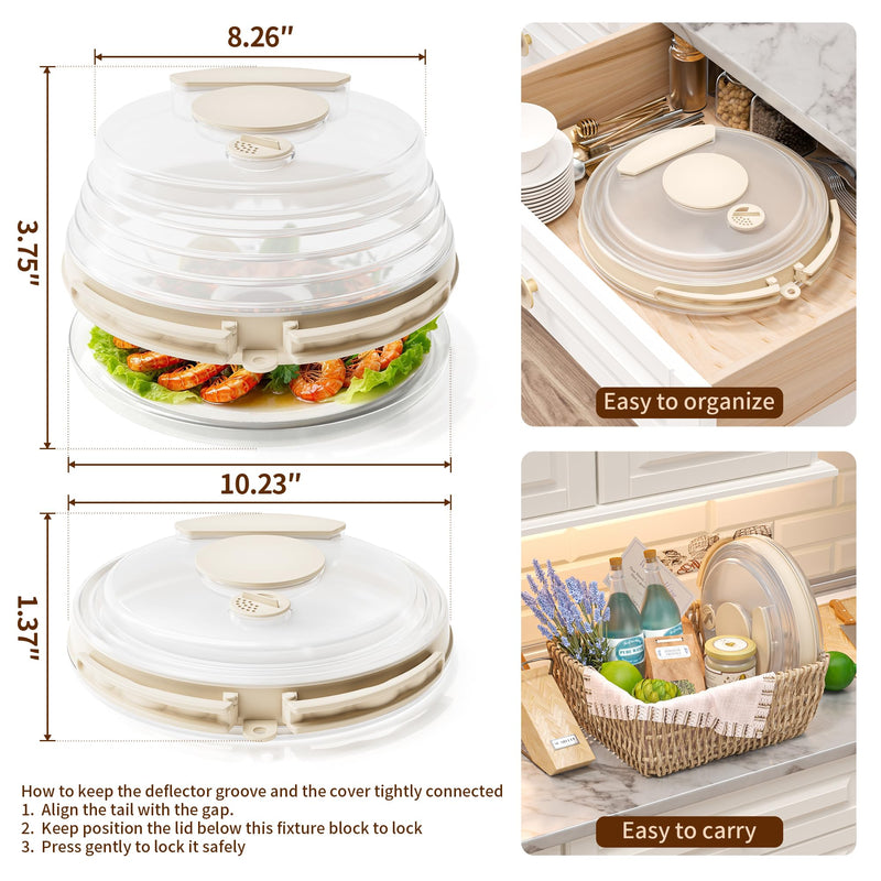 10 inch Microwave Splatter Cover for Food with Water Steamer, Collapsible Plastic & Silicone Microwave Plate Cover with Handle and Anti-Scald Base Plate, Kitchen Cooking Guard, Beige