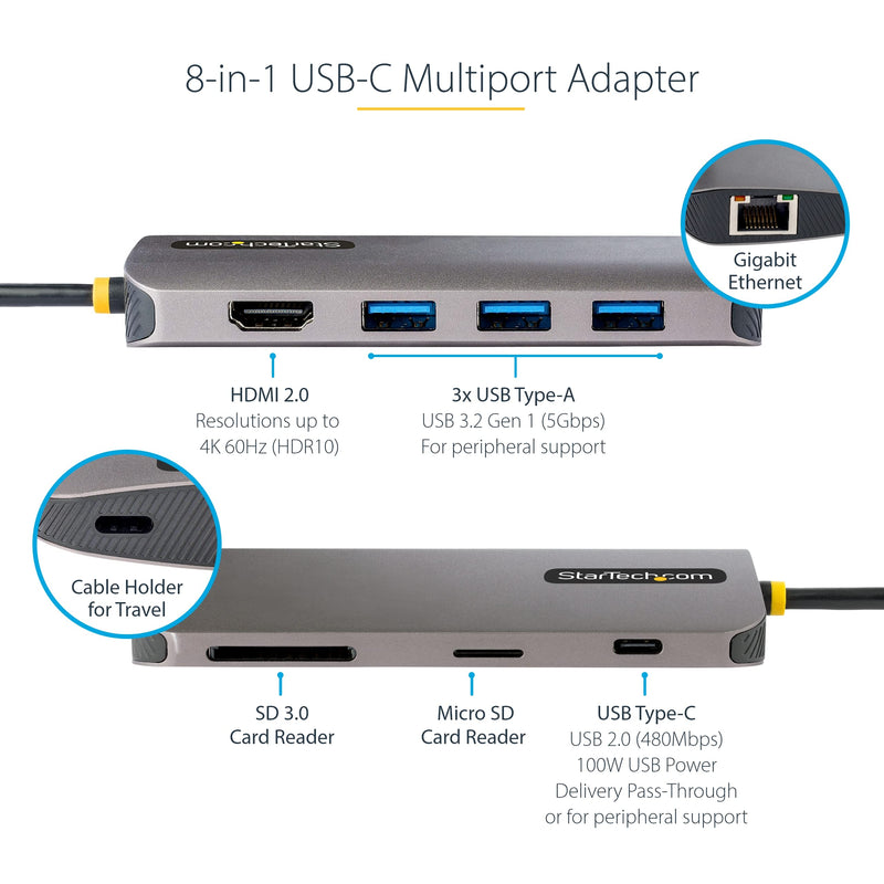 StarTech.com USB C Hub, 4K 60Hz HDMI Video with USB-C DP 1.4 Alt Mode, USB 5Gbps Dock for MacBook M1 M2 M3 M4 & Windows, Gigabit Ethernet, SD/MicroSD, 100W Charging, 12in Cable 8-IN-1