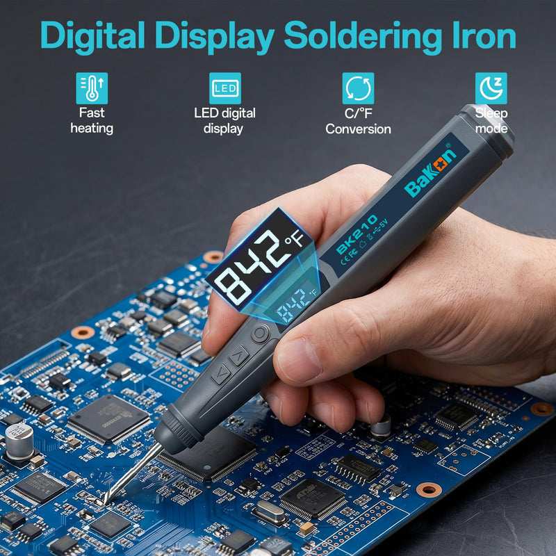 BK210 Cordless Soldering Iron Kit, Portable Rechargeable Soldering Pen with C210 Tip (356-842℉), Fast Heating LED Digital Display Soldering Kits for Electronics Repair, Auto Hibernation & Child Lock Grey-210