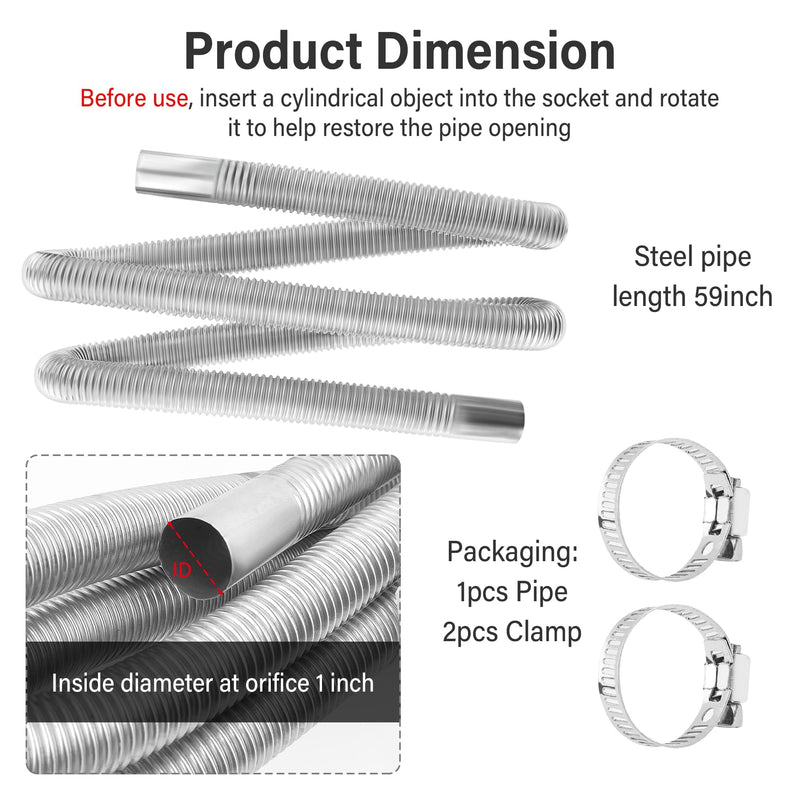 59" Diesel Heater Exhaust Pipe,1" ID Stainless Steel Flexible Exhaust Tubing with 2 Hose Clamps,Universal Exhaust Hose Kit Diesel Heater Accessories for Diesel Air Heater (59") 59"