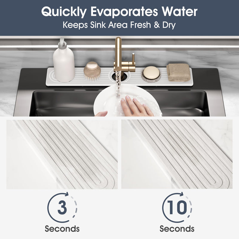 Quick Drying Stone Faucet Mat for Kitchen Sink - Diatomite Sink Mat Absorbing Stone Tray for Bathroom Counter, Sink Faucet Splash Guard Water Protector Matt for Kitchen Counter(White, 17.7" x 3.9") White 17.7" x 3.9"