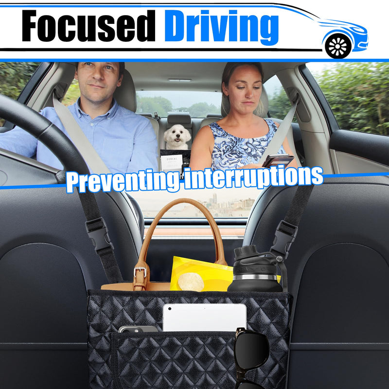 Car Purse Holder Between Seats, Leather Auto Front Seat Handbag Organizer Pocket, Large Capacity Car Net Pocket Handbag Holder, Backseat Barrier Storage Bag for Kids Pet, Fits for Car, Truck, SUV