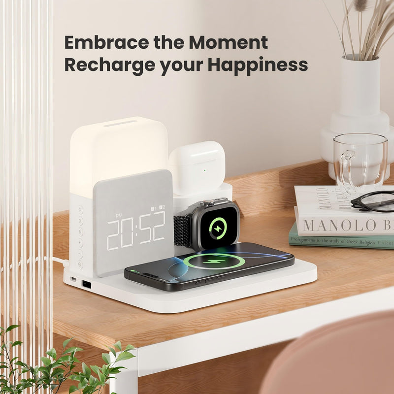 Alarm Clock Charging Station for Bedrooms, 7 in 1 Wireless Charging Station, Magnetic Charger with Night Light Bedside Clock for iPhone 17 16 15 14 13 12 Pro Max, Apple Watch, AirPods (White) White