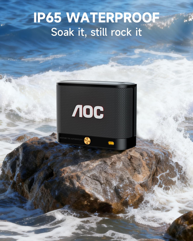 AOC Portable Bluetooth Speaker, Shower Speaker, BT 5.4 with Wireless Stereo Pairing, BassUp, IP65 Waterproof, Dustproof, 30-Hour Playtime, Compact Small for Home, Outdoors, Black