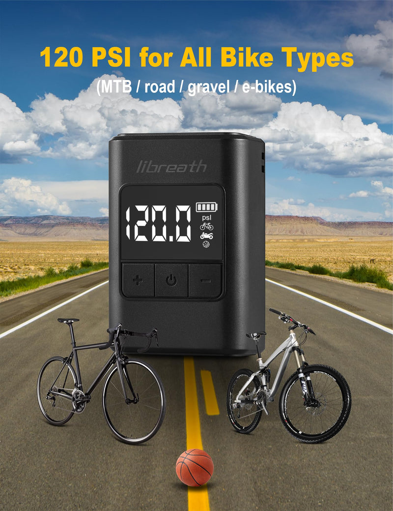 Bike Pump with Gauge, 120 PSI Mini Electric Bike Tire Pump, Auto Stop Air Pump with Presta and Schrader Valve, Portable Rechargeable Fast Inflation for Road Mountain Bike Bicycle Accessories