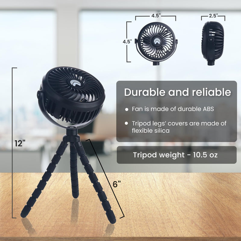 AYL 2600mAh Portable Fan Rechargeable, Flexible Tripod Clip On Fan, Battery Operated Desk Fan, USB Fan, Small Battery Powered Personal Fan for Bedroom, Outdoor Travel, Camping Tent, Car Fan, Black