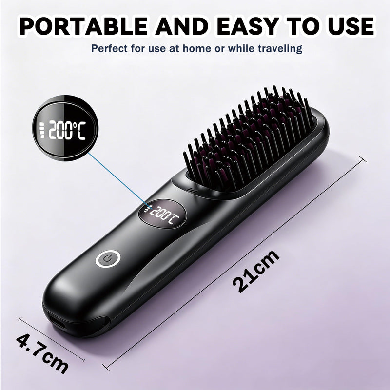 Wireless Straightening Brush, Bwaliffury Portable Brush Smoothing 2 in 1.160 °C - 200 °C, 3 Temperature Settings, LED Display, Brosse Coiffant, Ceramic Coating, for Home and Salon, Hair and Beard